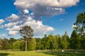 A path in a park in spring sunny day with white cloud. Royalty Free Stock Photo