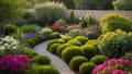 path paved with crushed stone through a green blooming garden is enclosed by a wooden fence