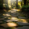 The path is paved with irregularly shaped flat stones, intersperse Royalty Free Stock Photo