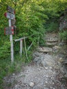 Path with Pebbles, Stones, Wooden Handrail and Arrows indicating the path in the Woods Royalty Free Stock Photo