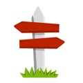 Path pointer with red plate. Route information Index. Cartoon flat illustration. Green grass