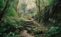 A path through a rich green woodland of trees and shrubs