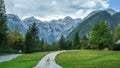 Path and Road, Meadow and Forest, Julian Alps in the Background, Slovenia Royalty Free Stock Photo