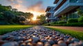 A path with rocks and grass leading to a house Royalty Free Stock Photo