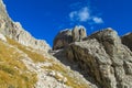 Path among roky cliff mountains of Dolomites