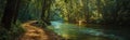 path that runs along a river inside a forest, AI Generative Royalty Free Stock Photo