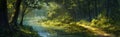 path that runs along a river inside a forest, AI Generative Royalty Free Stock Photo