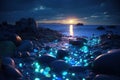 A path of shining colorful pebbles on the seashore, moon, sparkling waves landscape