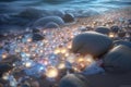 A path of shining colorful pebbles on the seashore, moon, sparkling waves landscape
