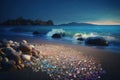A path of shining colorful pebbles on the seashore, moon, sparkling waves landscape