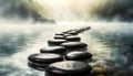 Path of Black Stones on the Water in a Zen Garden - Generative Ai Royalty Free Stock Photo