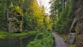 Path in Soutesky valley in National park Czech Switzerland near Hrensko village in spring sunset on 03rd June 2019 Royalty Free Stock Photo