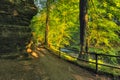 Path in Soutesky valley in National park Czech Switzerland near Hrensko village in spring sunset on 03rd June 2019 Royalty Free Stock Photo