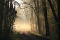 path through the spring forest at dawn rural road through the early spring deciduous forest lit by the morning sun in foggy