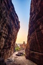 Path through cliffs, Entrance archway for lower and upper Shivalaya in Badami, Karnataka, INDIA Royalty Free Stock Photo