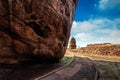 Path through steep cliffs, Entrance for lower and upper Shivalaya in Badami, Karnataka, INDIA Royalty Free Stock Photo