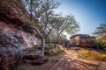 Path through steep cliffs, Entrance for lower and upper Shivalaya in Badami, Karnataka, INDIA Royalty Free Stock Photo