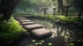 a path of stepping stones in a garden with lily pads