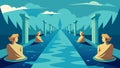 A path submerged in water with submerged sculptures representing stoic concepts.. Vector illustration.