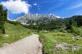 Path through summer mountain landscape. View of Wilder Kaiser, Austria, Tyrol Royalty Free Stock Photo