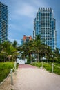 Path to the beach and highrises in South Beach, Miami, Florida.