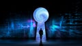 Path to digital technology. The silhouette of a successful man in the keyhole. The businessman is mastering digital cloud