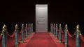 Path to fame concept red carpet leading to the close door 3d render on darck red background