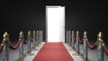 Path to fame concept red carpet leading to the open door 3d render on darck background