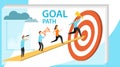 Path to goal, goal achievement, motivation for success. People run up the arrow to the goal. Vector illustration Royalty Free Stock Photo