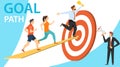 Path to goal, goal achievement, motivation for success. People run up the arrow to the goal. Vector illustration of motivation Royalty Free Stock Photo