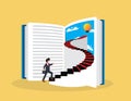 Path to knowledge and professional growth. Businessman stepping into open book