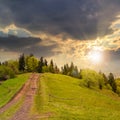 Path to mountain forest at sunset Royalty Free Stock Photo