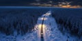 Top View of Truck on The Road Between Snow Forest landscape Background Royalty Free Stock Photo