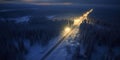 Top View of Truck on The Road Between Snow Forest landscape Background Royalty Free Stock Photo