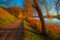 Path or trail in fall season near lake Royalty Free Stock Photo