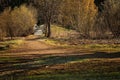 Path or trail going through a park with green grass or lawn, trees, bushes or shrubs, plants and an old rustic wooden bridge going Royalty Free Stock Photo