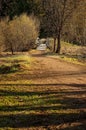 Path or trail going through a park with green grass or lawn, trees, bushes or shrubs, plants and an old rustic wooden bridge going Royalty Free Stock Photo