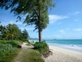 Path, trees, and bench along Waimanalo Beach Royalty Free Stock Photo