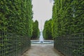 Path between trees leading to fountain in the Garden of Versailles, near Paris, France Royalty Free Stock Photo