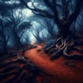 Path trough a dark mysterious forest with fog Royalty Free Stock Photo