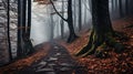 Path trough a strange beautiful forest with fog in autumn Royalty Free Stock Photo