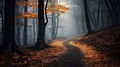 Path trough a strange beautiful forest with fog in autumn Royalty Free Stock Photo
