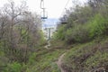Path under the chairlift in the mountain forest in early spring Royalty Free Stock Photo