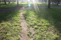 A path under sun rays in an open green field. Way concept Royalty Free Stock Photo