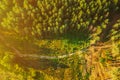 Path Way Lane Through Fall Forest Park. Aerial View Of Pine Forest And River. Elevated View Of Woods Forest River Royalty Free Stock Photo