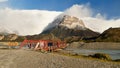 Bridge over mountain river. Snowy mountains. Lago Argentino, Patagonia Royalty Free Stock Photo