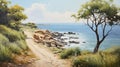 Vintage Oil Painting Of A Serene Coastline Nature Park