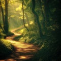 A path winds through the tropical forest, bathed in dappled sunlight Royalty Free Stock Photo
