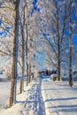 Path in a wintry landscape to a cottage Royalty Free Stock Photo