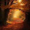 A path in the woods, covered with leaves and illuminated by sunlight filtering through autumn trees. Royalty Free Stock Photo